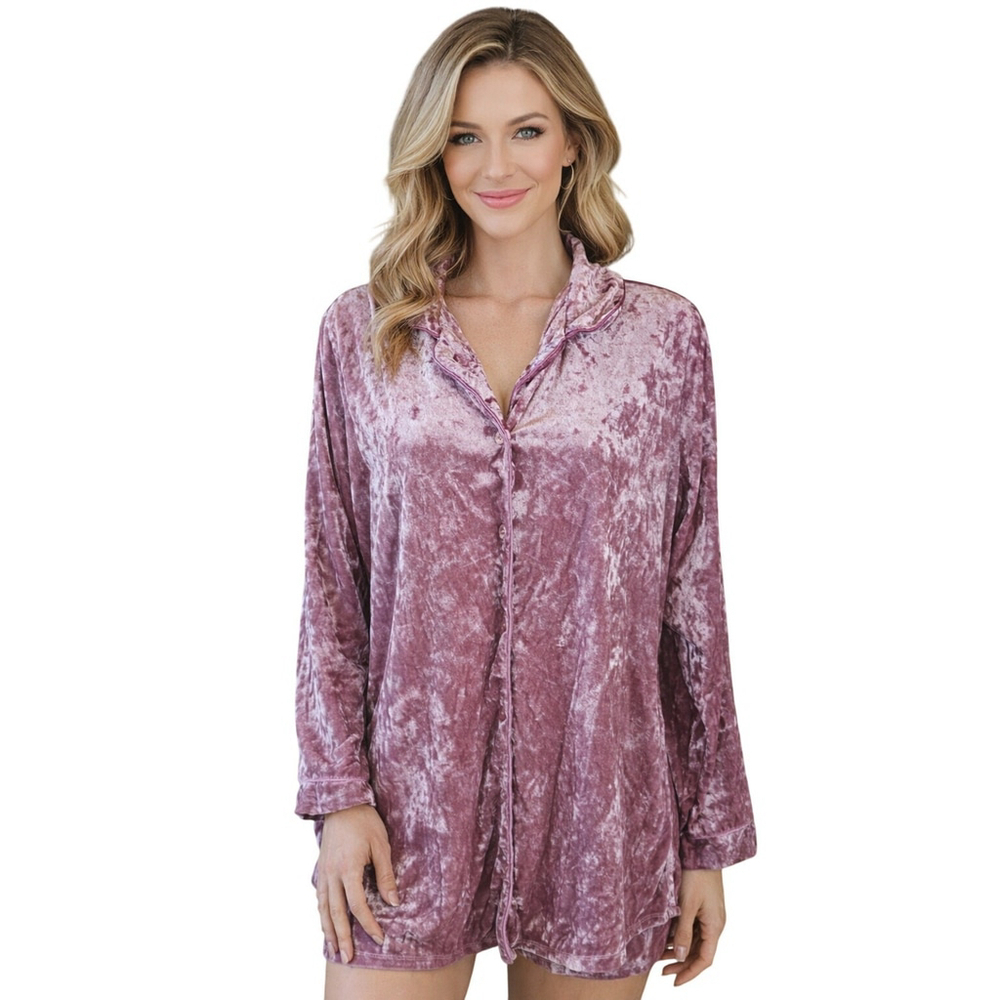 Nicole Miller Pink Velour Tunic Button Up Long Sleeve - Large